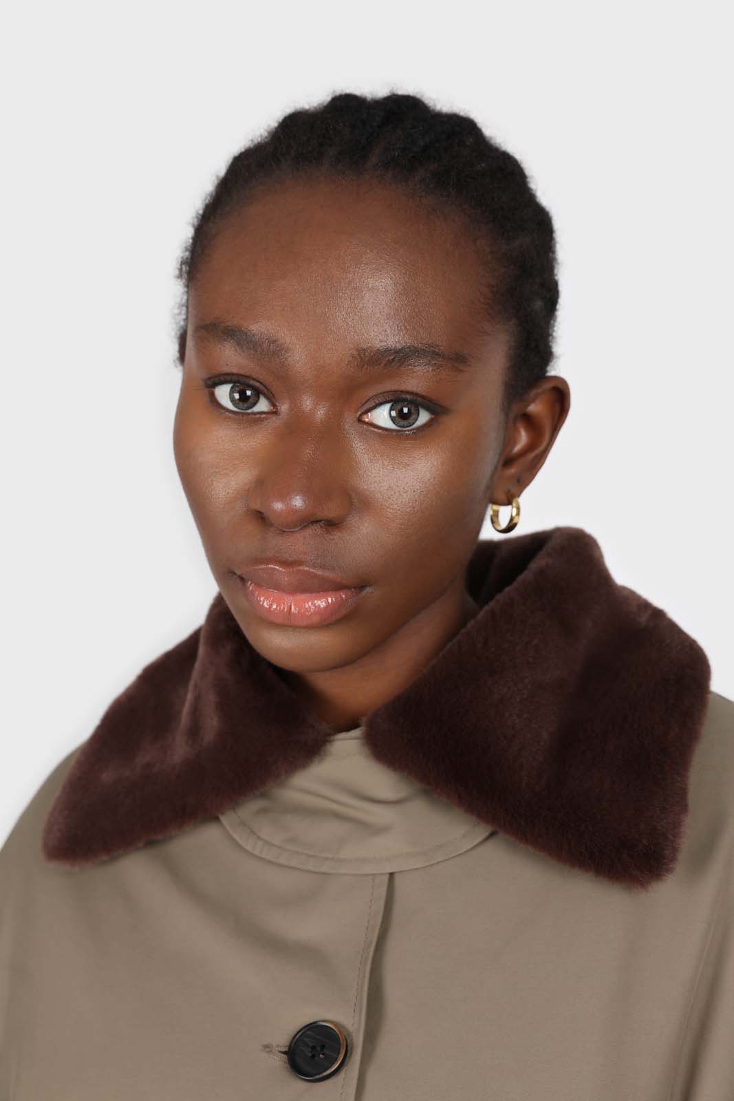 Khaki and brown faux fur collar contrast faux fur lined trench coat