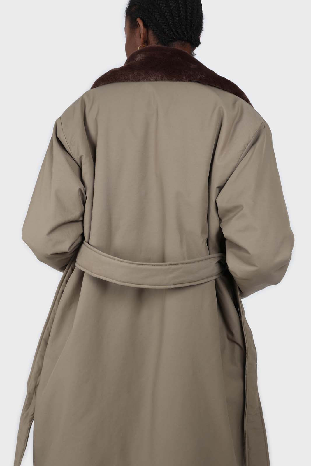 Khaki and brown faux fur collar contrast faux fur lined trench coat