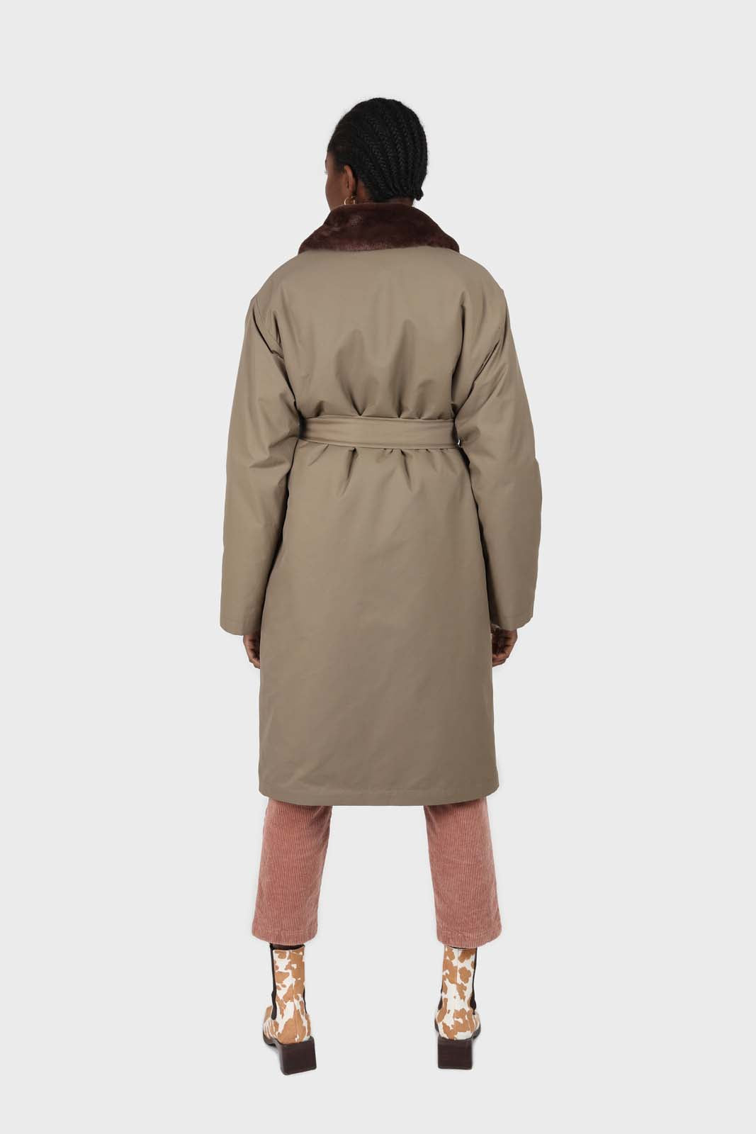Khaki and brown faux fur collar contrast faux fur lined trench coat