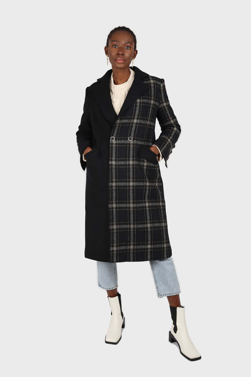 Navy contrast checked panel wool blend coat