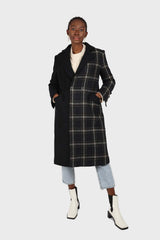 Navy contrast checked panel wool blend coat