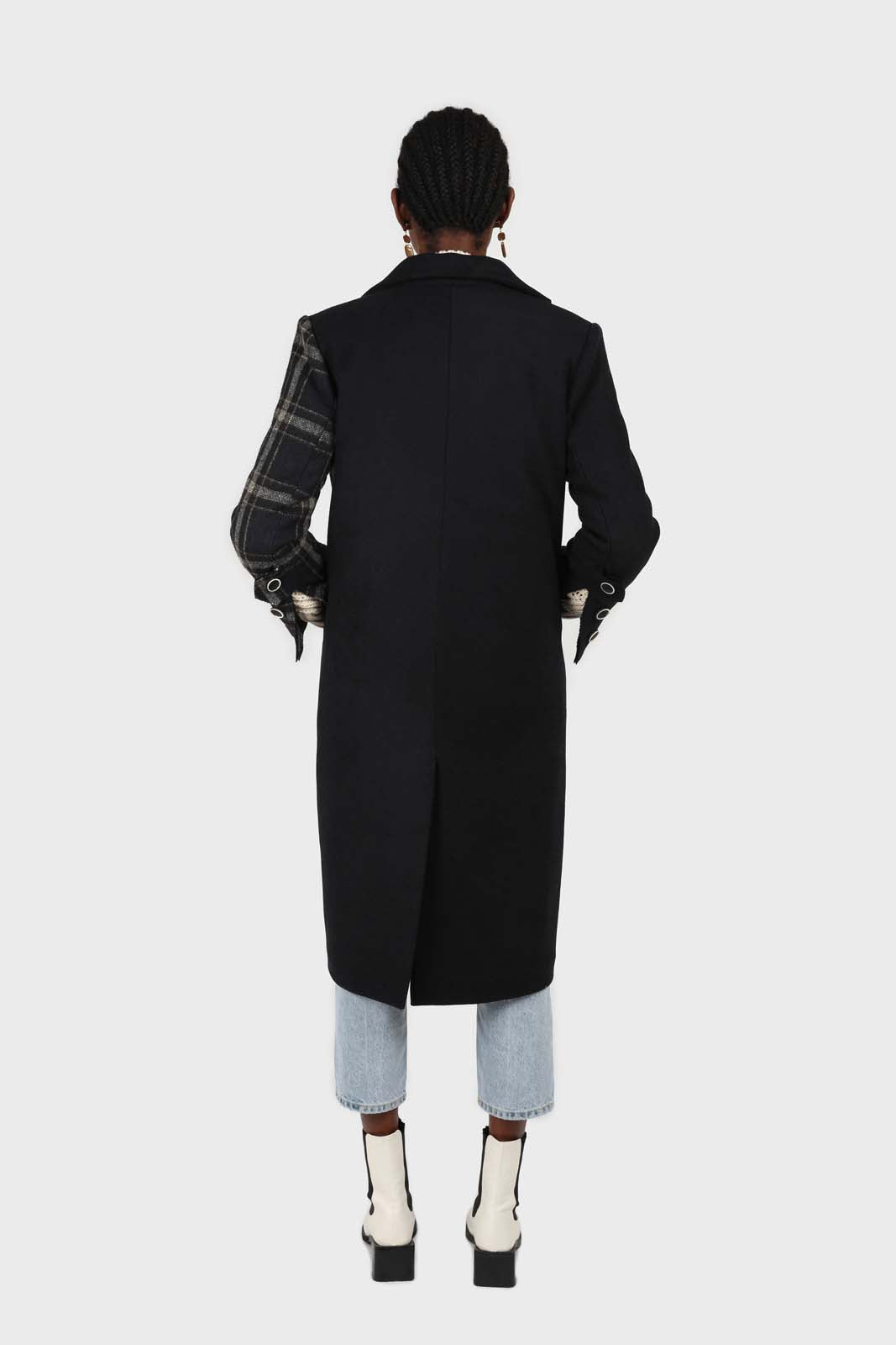 Navy contrast checked panel wool blend coat