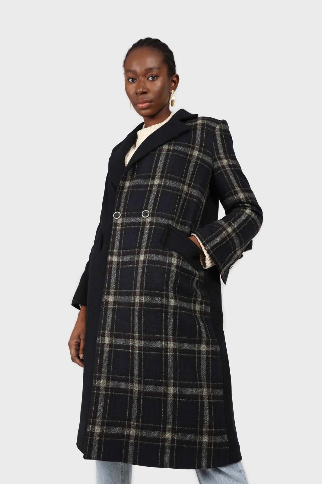 Navy contrast checked panel wool blend coat