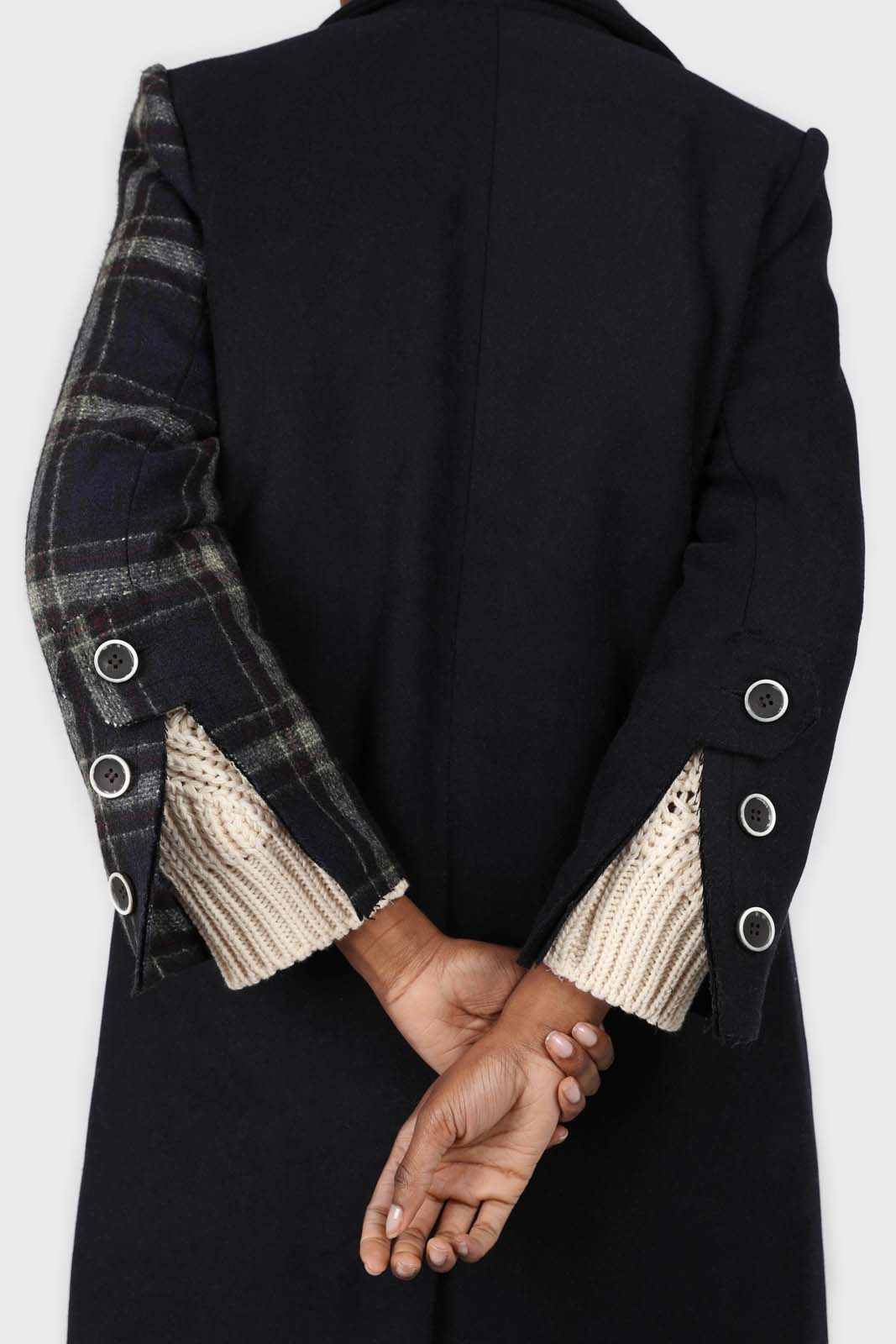 Navy contrast checked panel wool blend coat