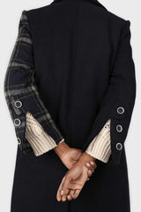 Navy contrast checked panel wool blend coat