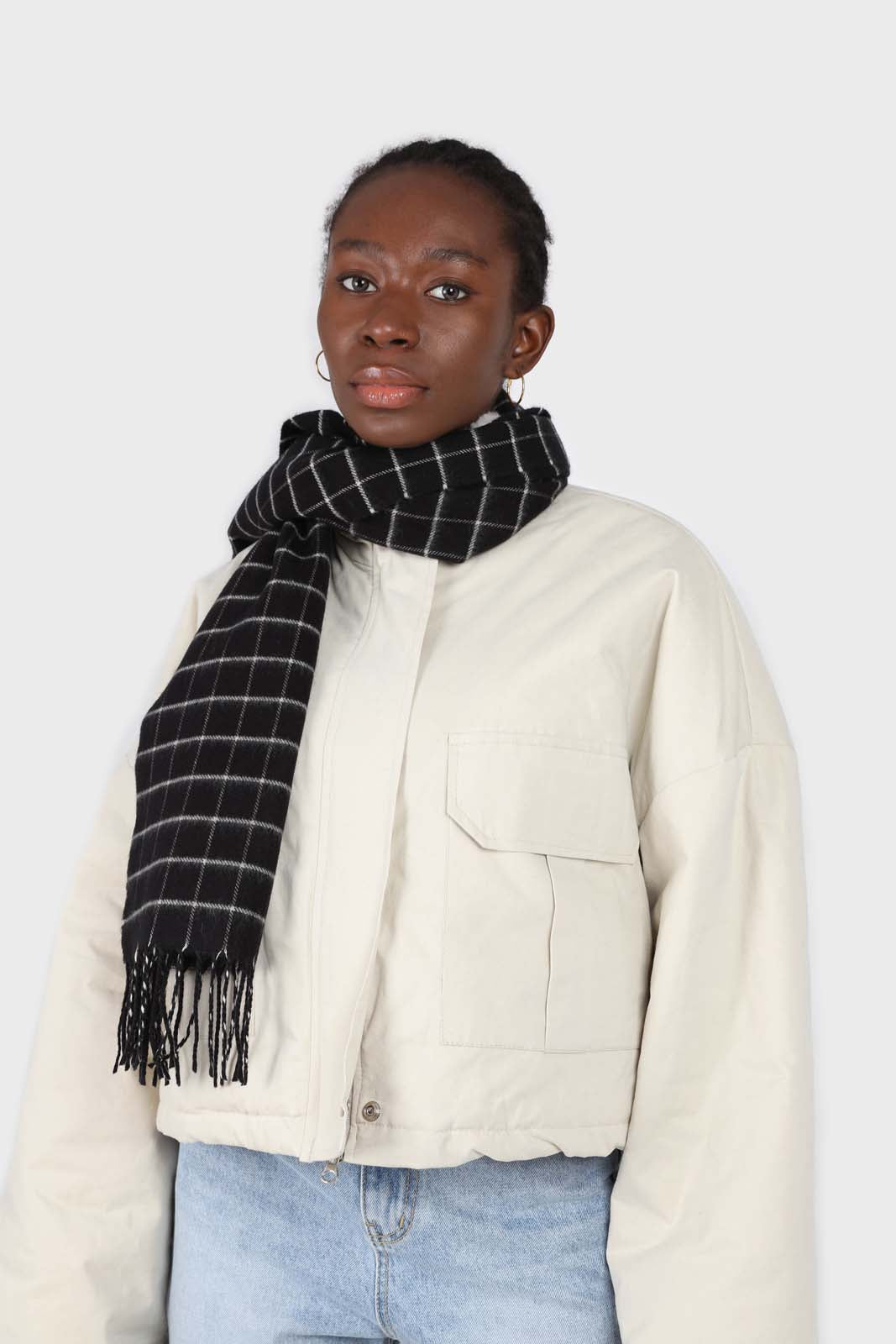 Black and white box check scarf