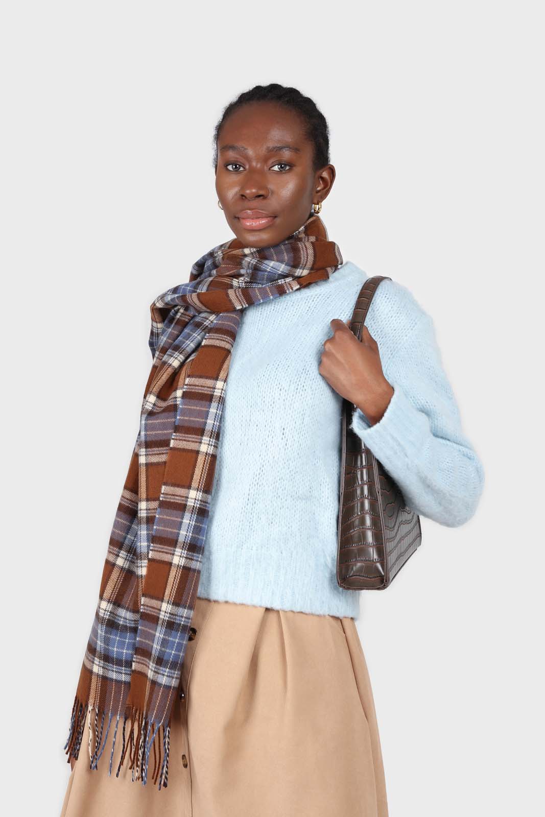 Brown and blue classic plaid scarf