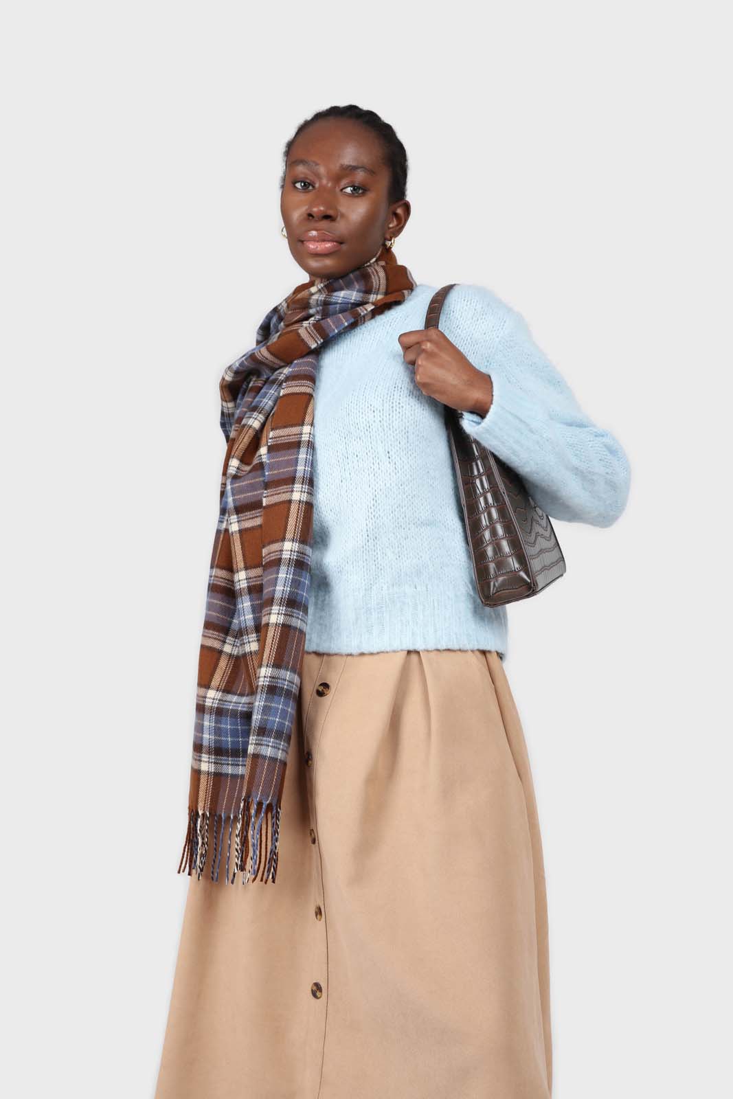Brown and blue classic plaid scarf