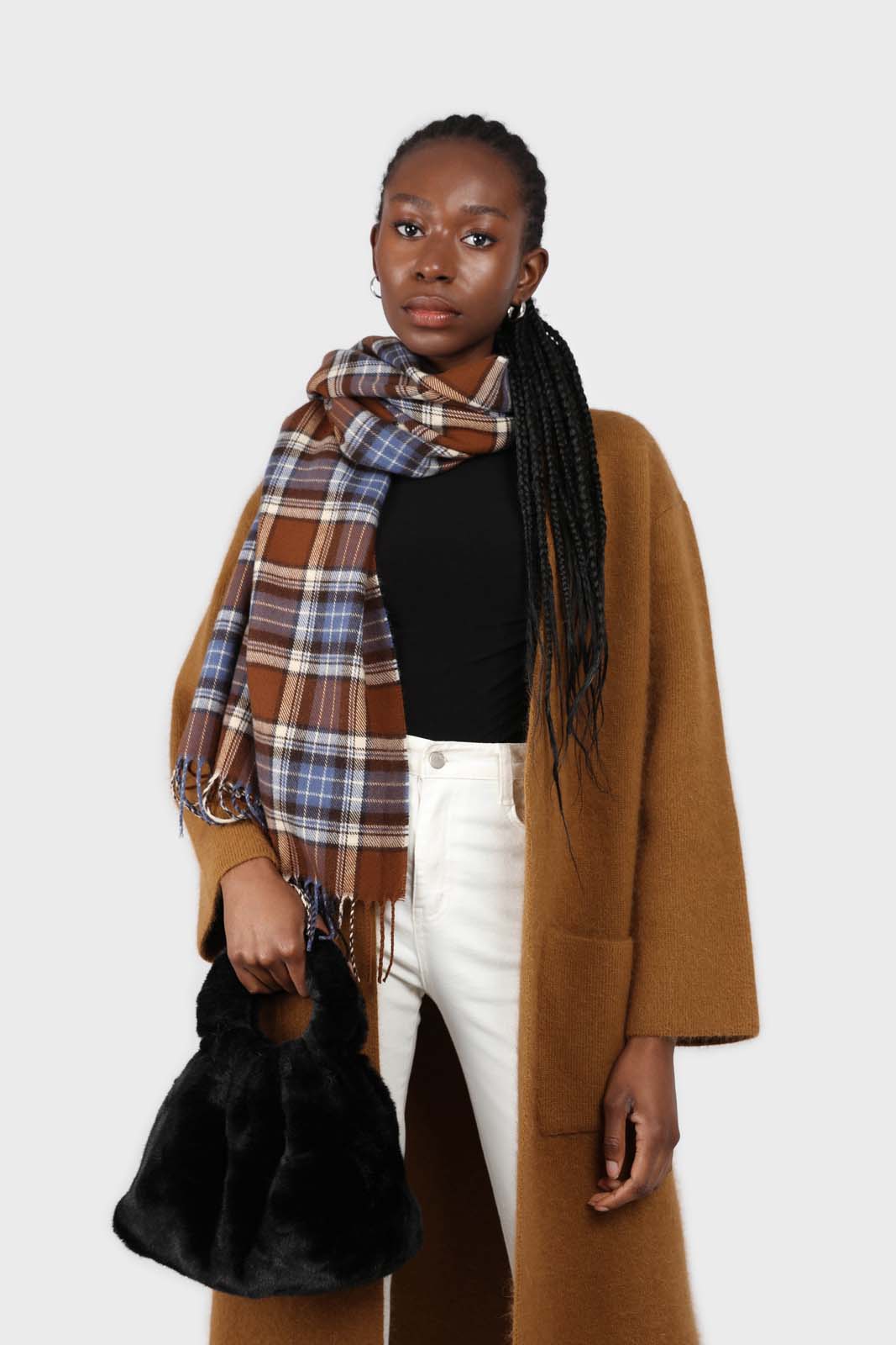 Brown and blue classic plaid scarf