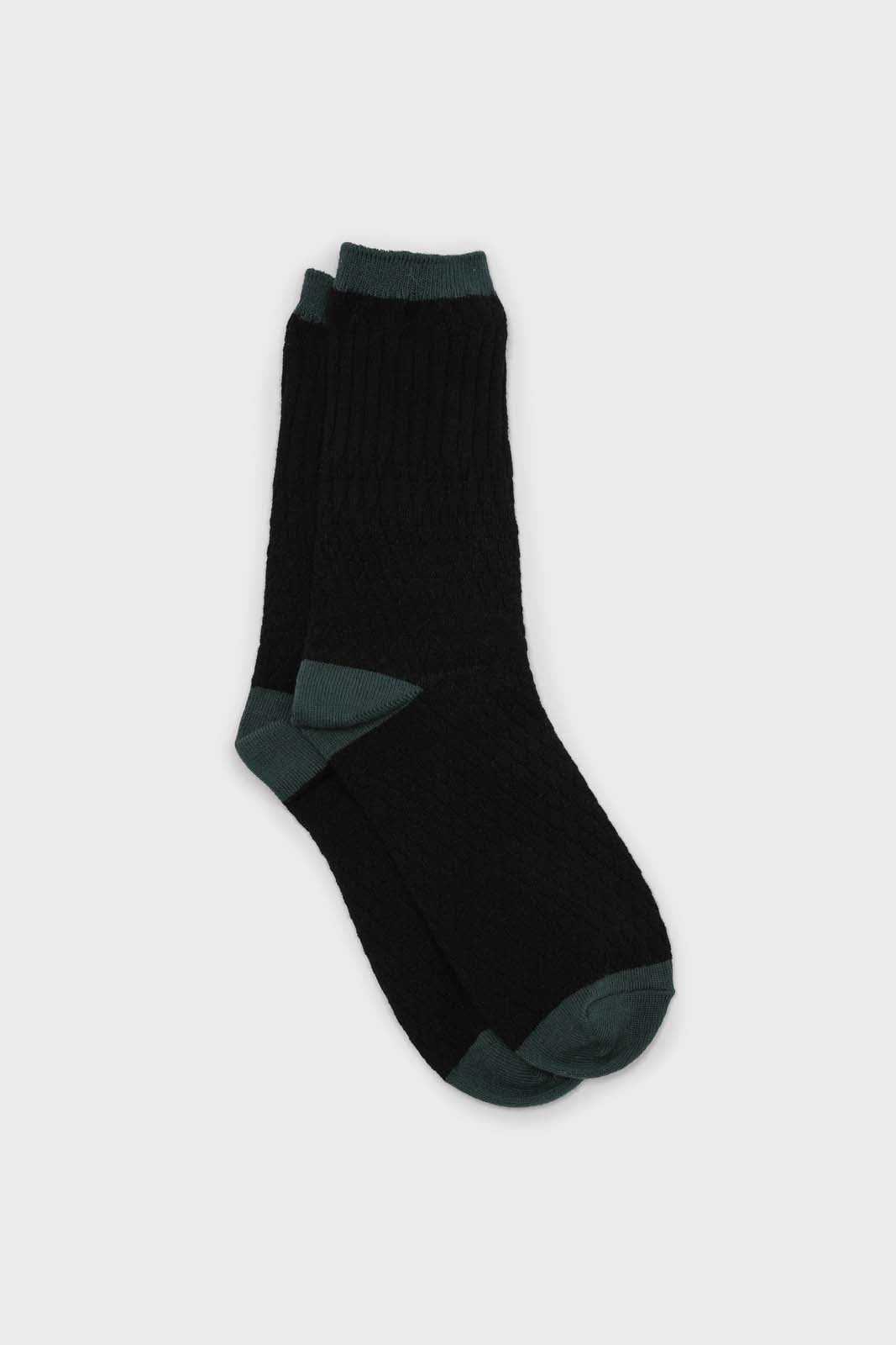 Black textured diamond green trim socks