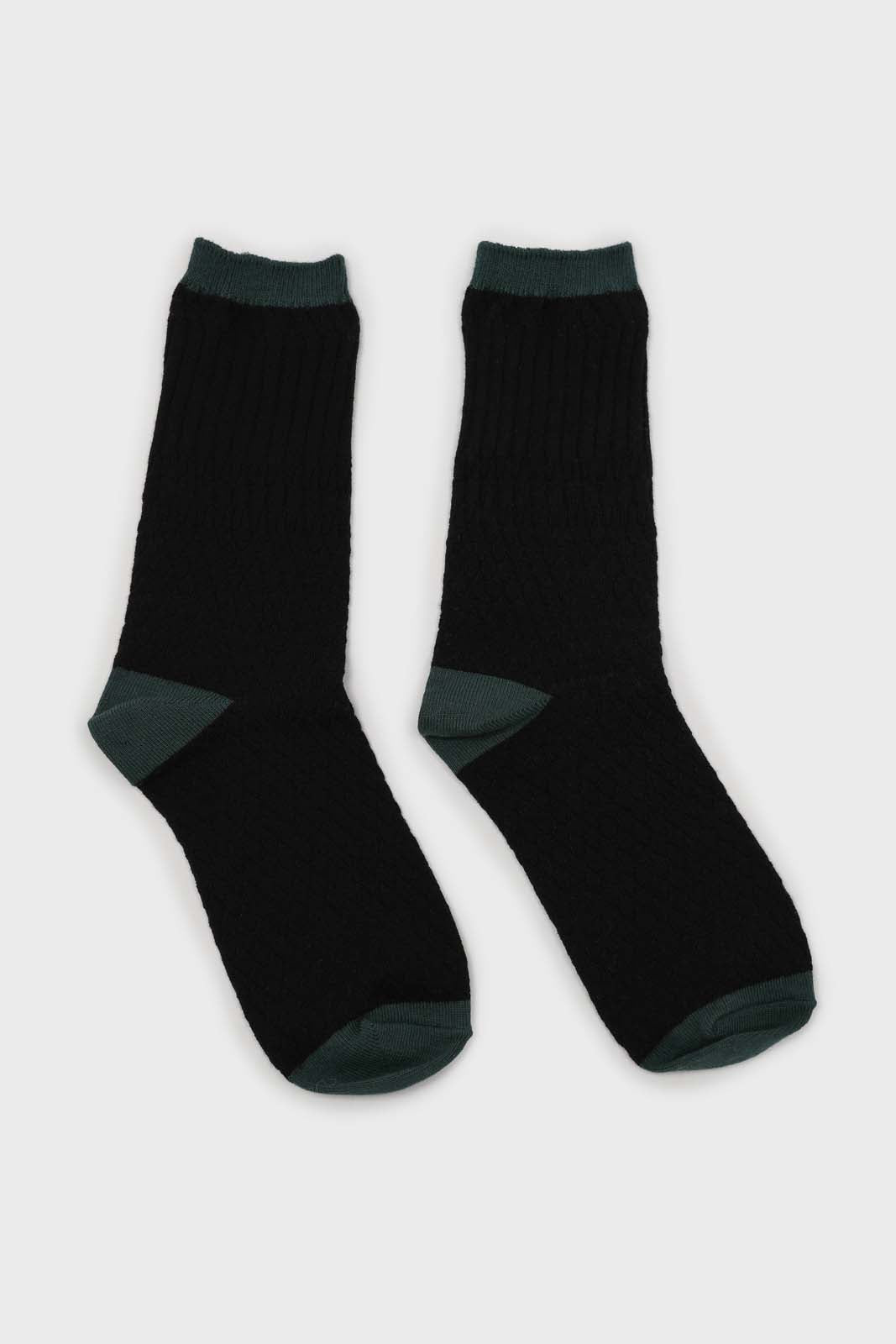 Black textured diamond green trim socks