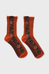 Orange textured floral strip socks