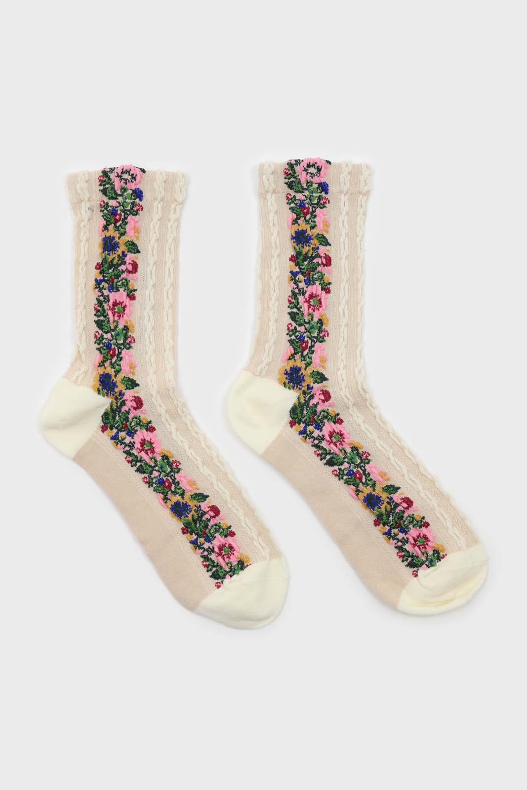 White textured floral strip socks