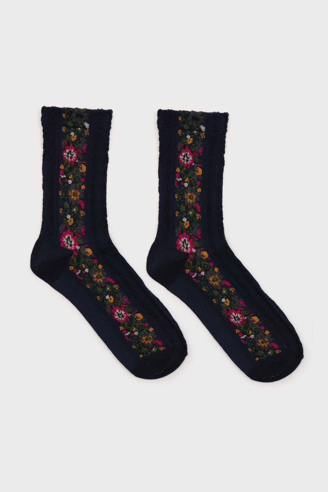 Navy blue textured floral strip socks