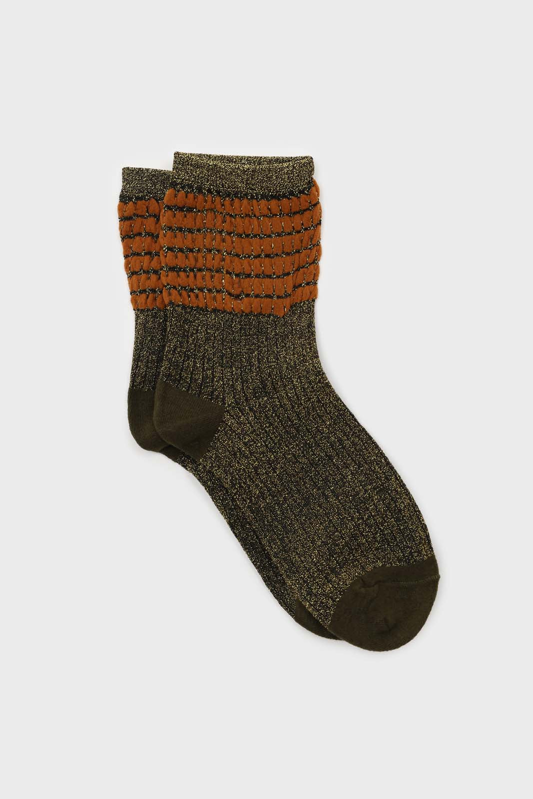 Khaki ribbed glitter puffed ankle socks