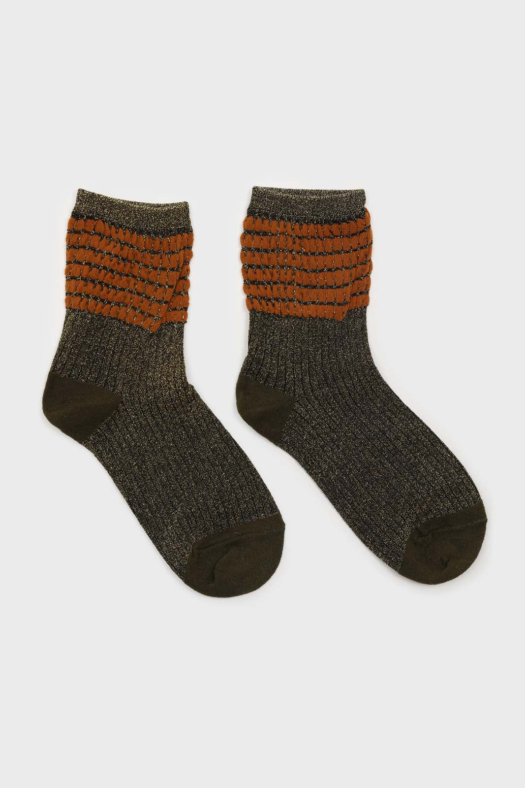 Khaki ribbed glitter puffed ankle socks