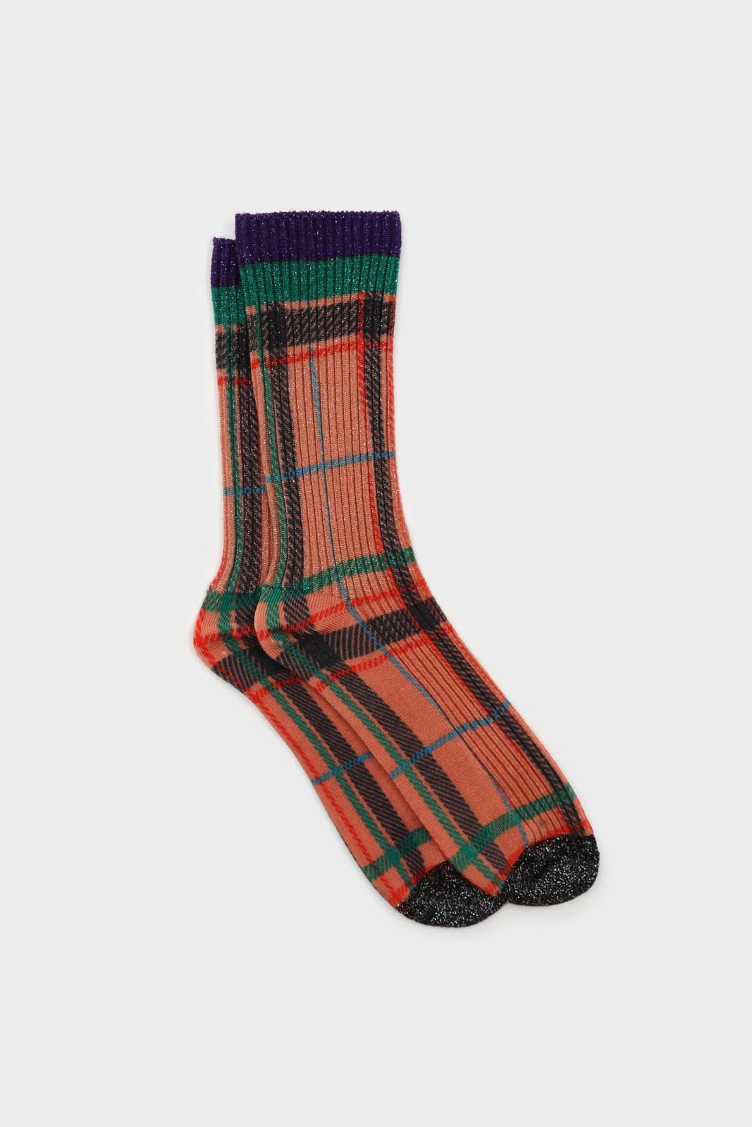 Orange and green metallic checked socks