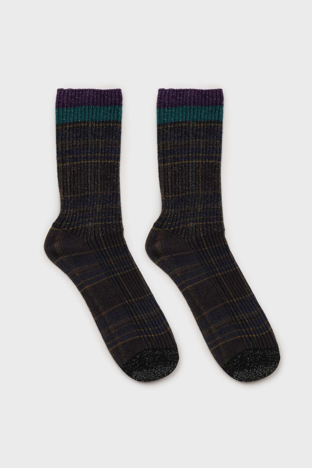 Navy and yellow metallic checked socks
