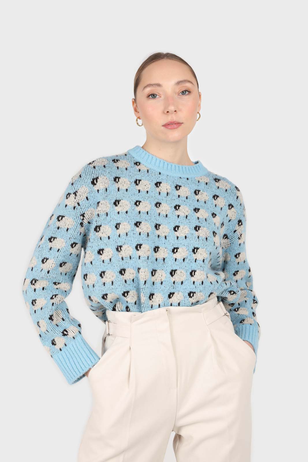 Blue intarsia sheep crew neck jumper