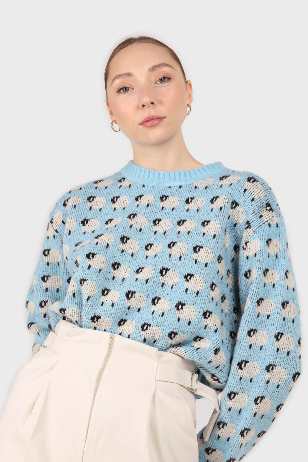 Blue intarsia sheep crew neck jumper