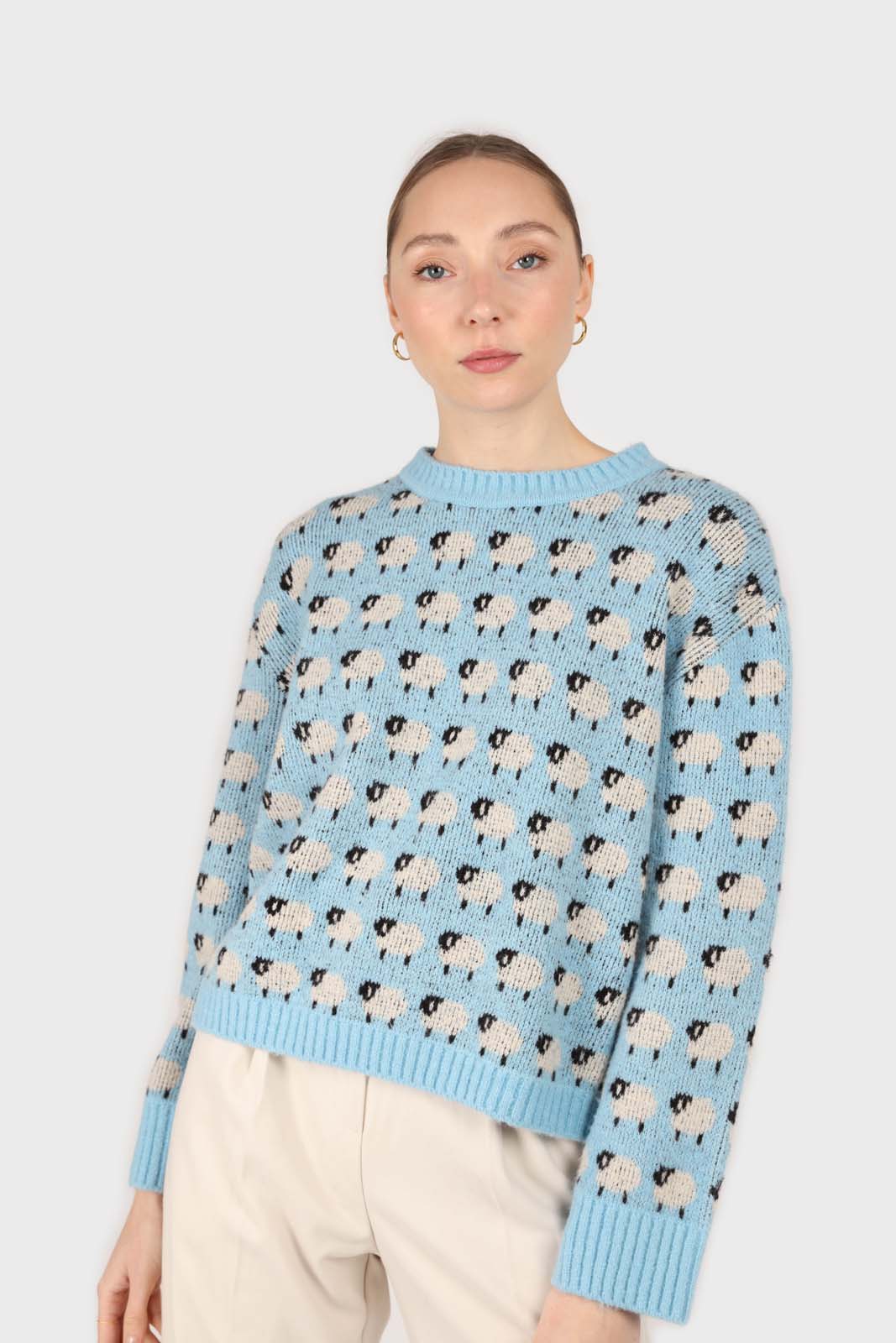Blue intarsia sheep crew neck jumper