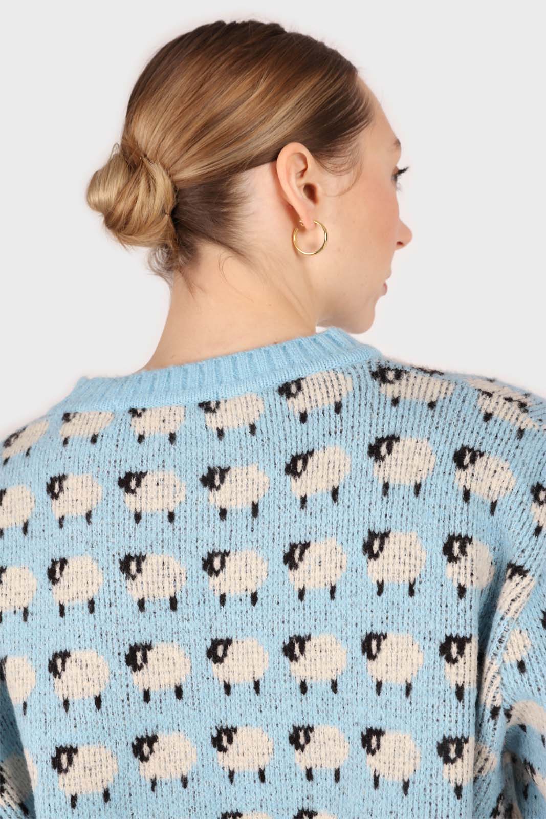 Blue intarsia sheep crew neck jumper