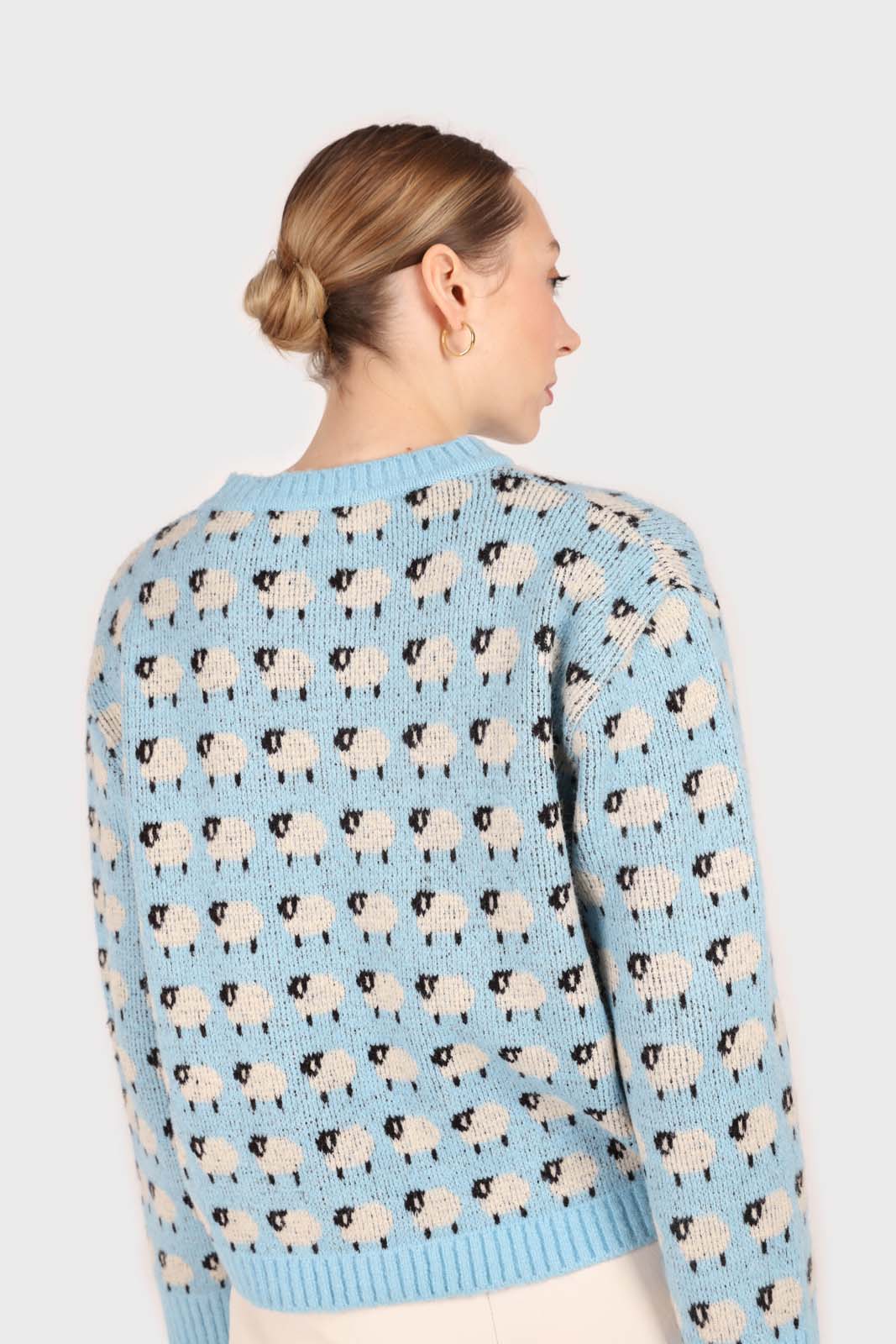 Blue intarsia sheep crew neck jumper