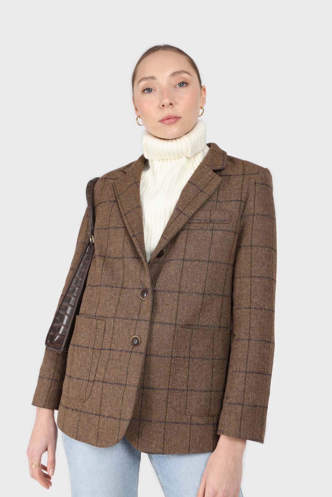 Beige checked wool blend patch pocket blazer