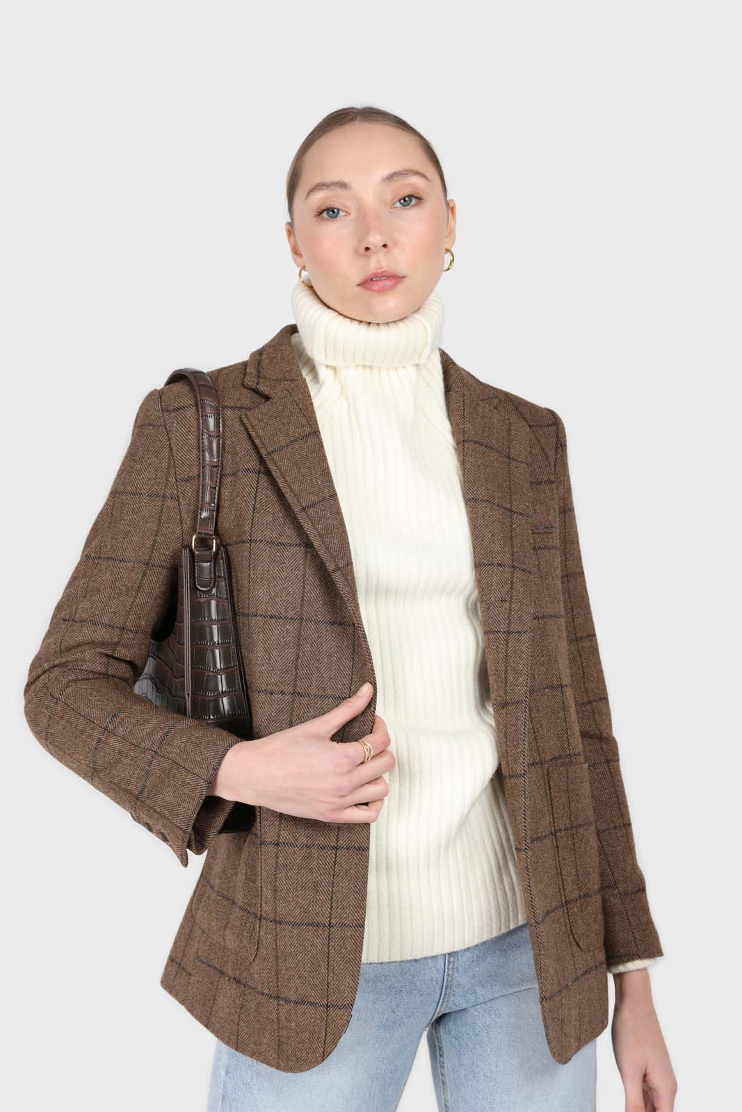 Beige checked wool blend patch pocket blazer
