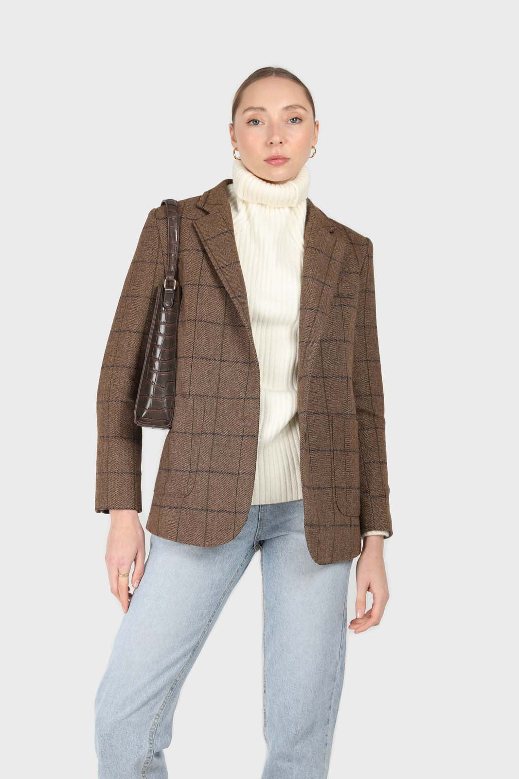 Beige checked wool blend patch pocket blazer