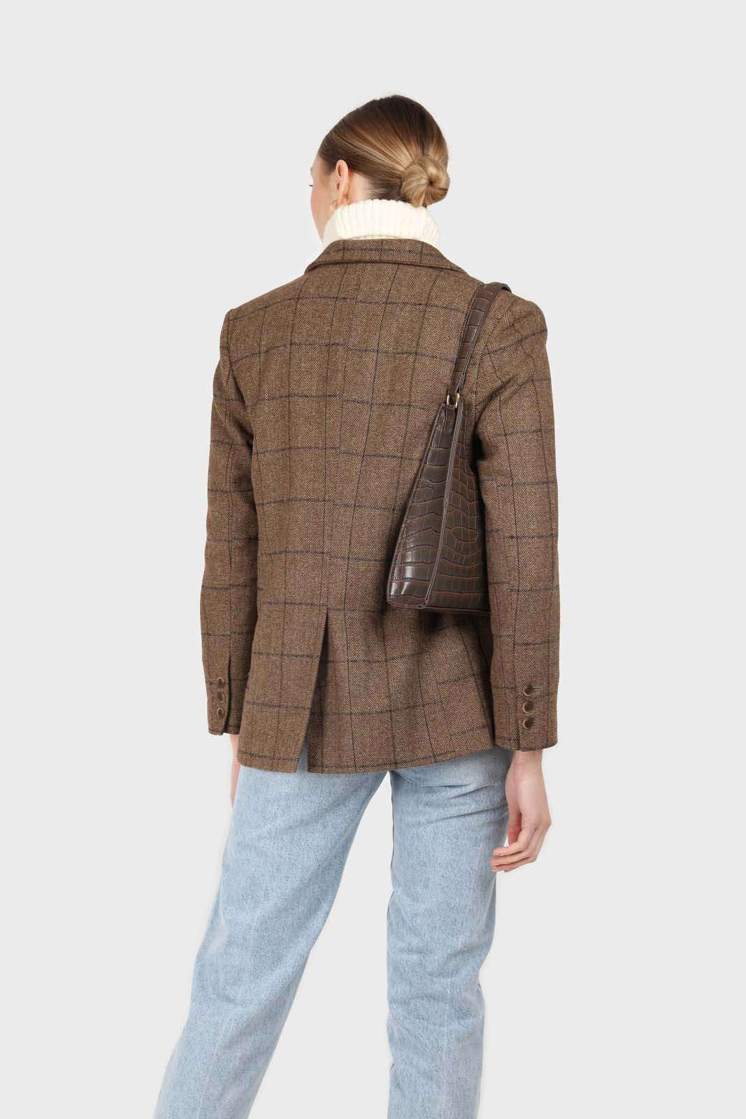 Beige checked wool blend patch pocket blazer