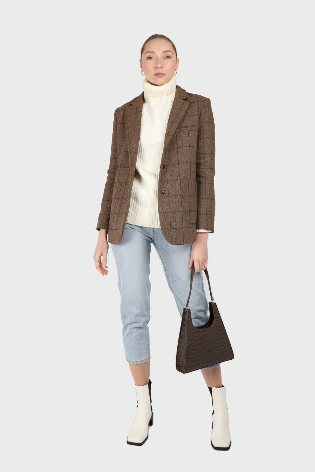 Beige checked wool blend patch pocket blazer