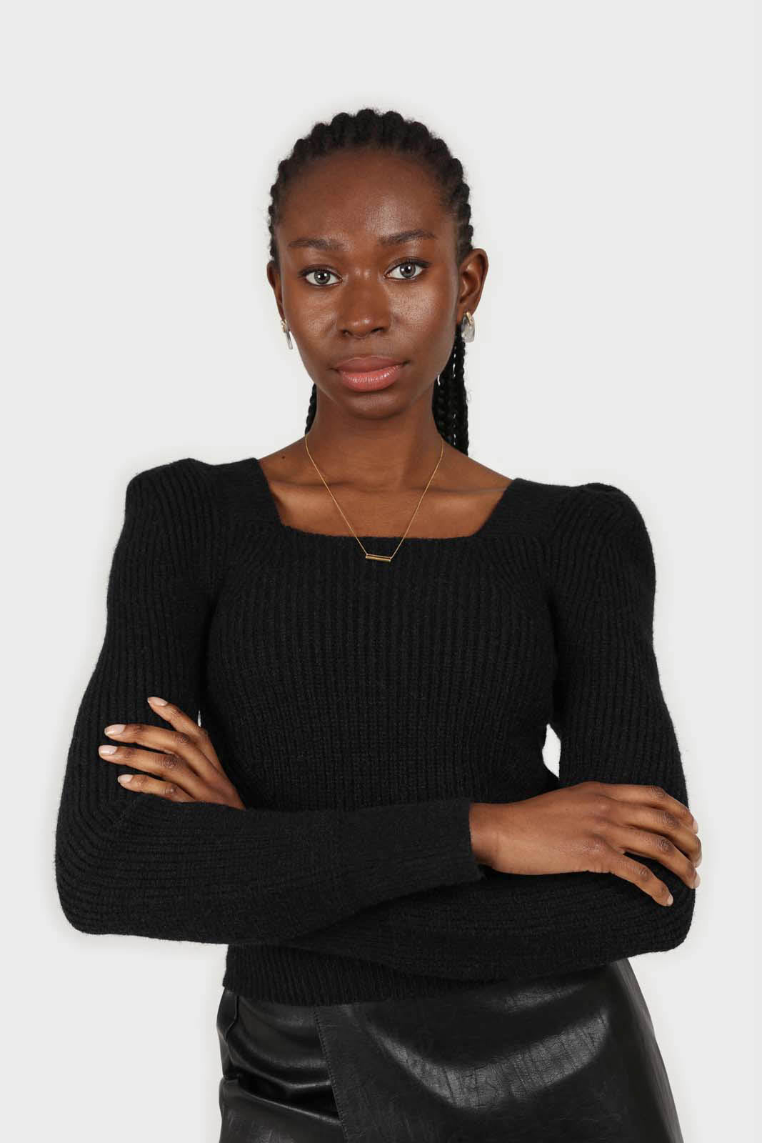 Black puff sleeved square neck knit top