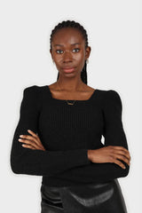 Black puff sleeved square neck knit top