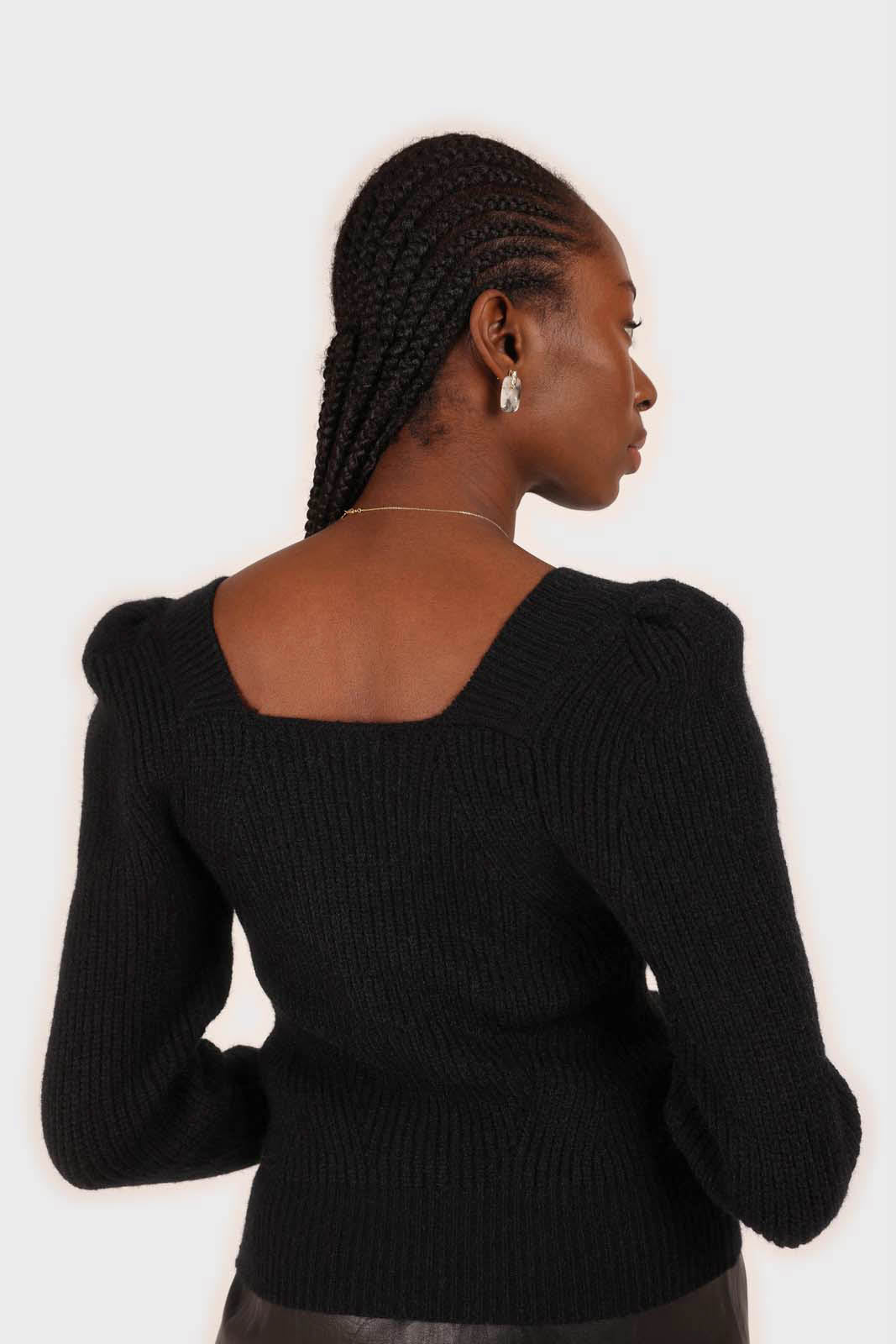 Black puff sleeved square neck knit top