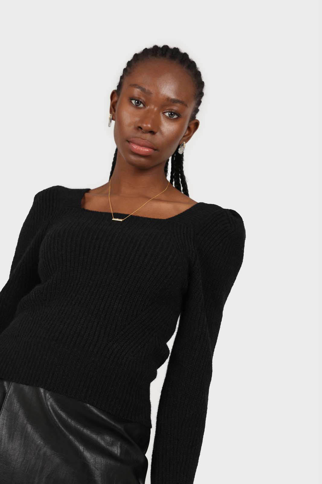 Black puff sleeved square neck knit top