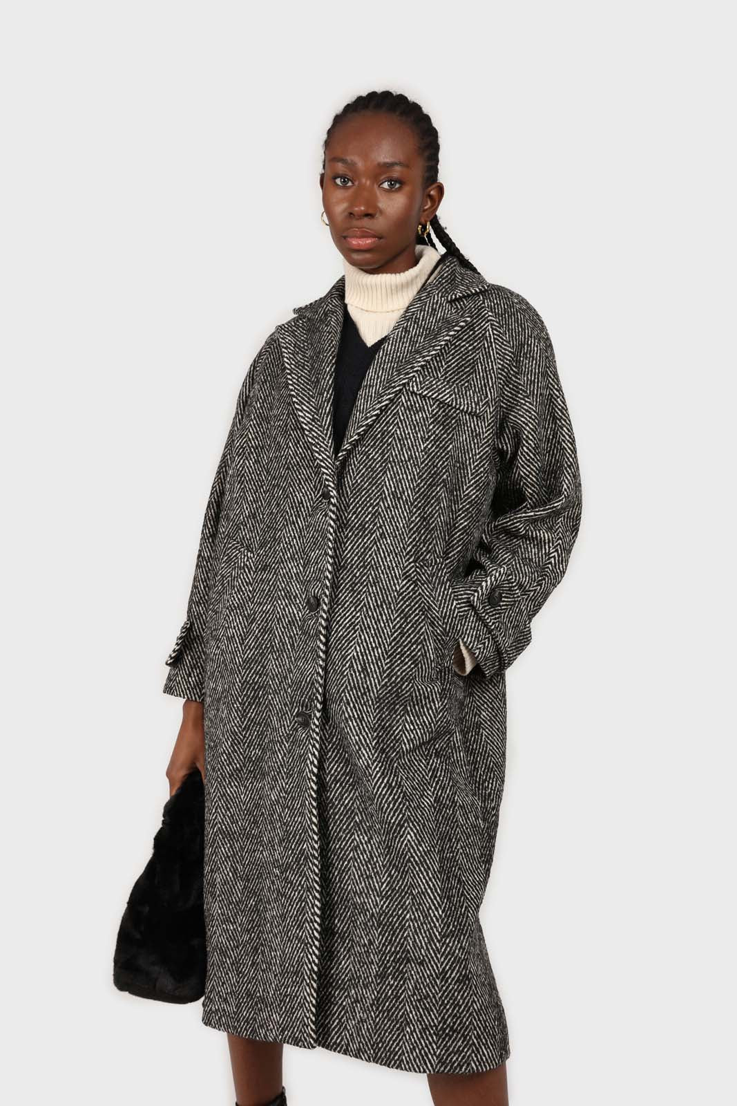 Black and white herringbone wool blend coat