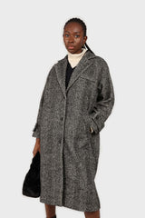 Black and white herringbone wool blend coat