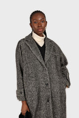 Black and white herringbone wool blend coat
