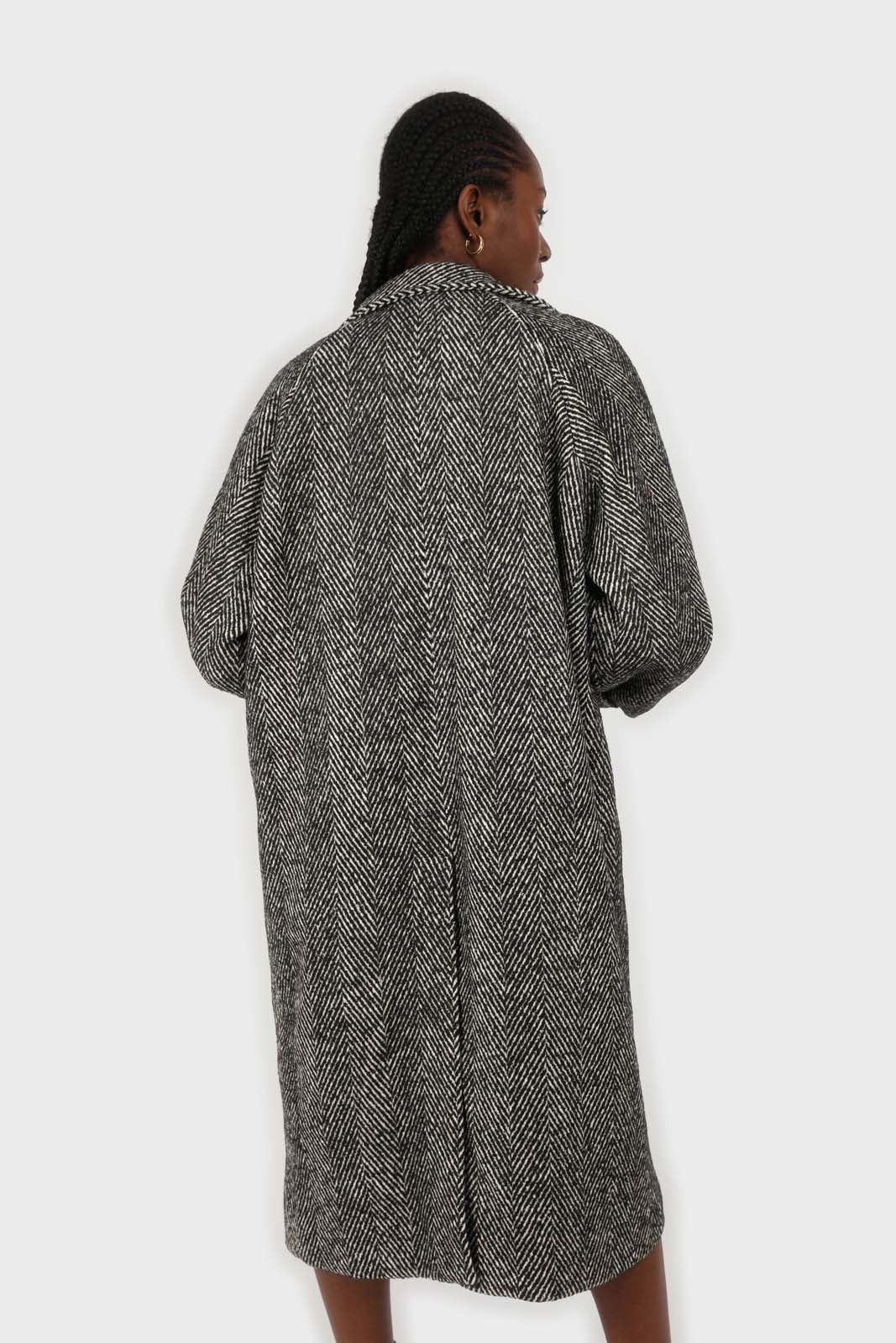 Black and white herringbone wool blend coat