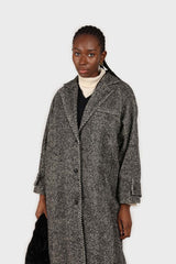 Black and white herringbone wool blend coat