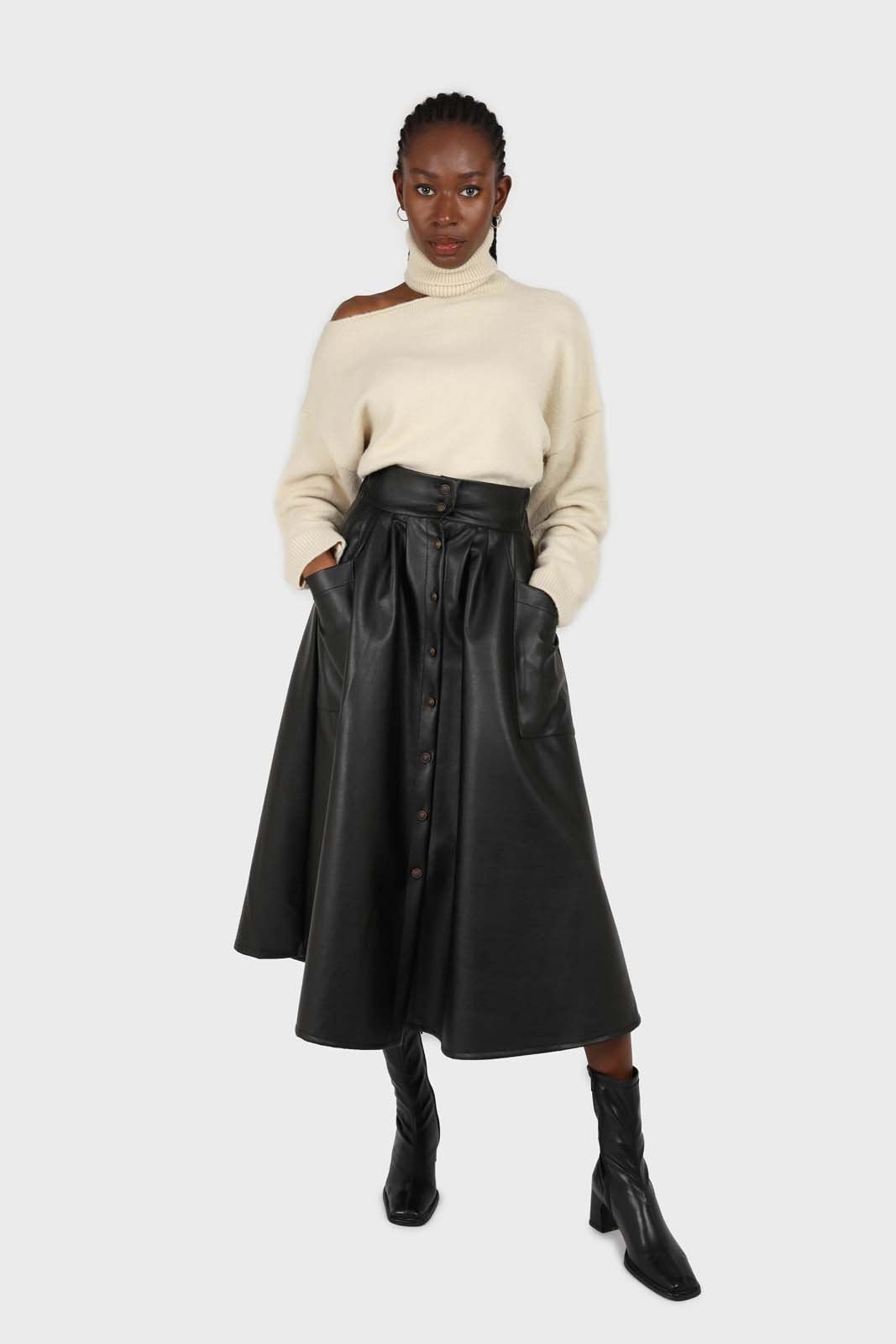 Black vegan leather button front skirt