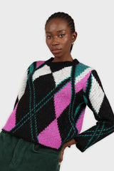 Black and purple diamond intarsia knit jumper