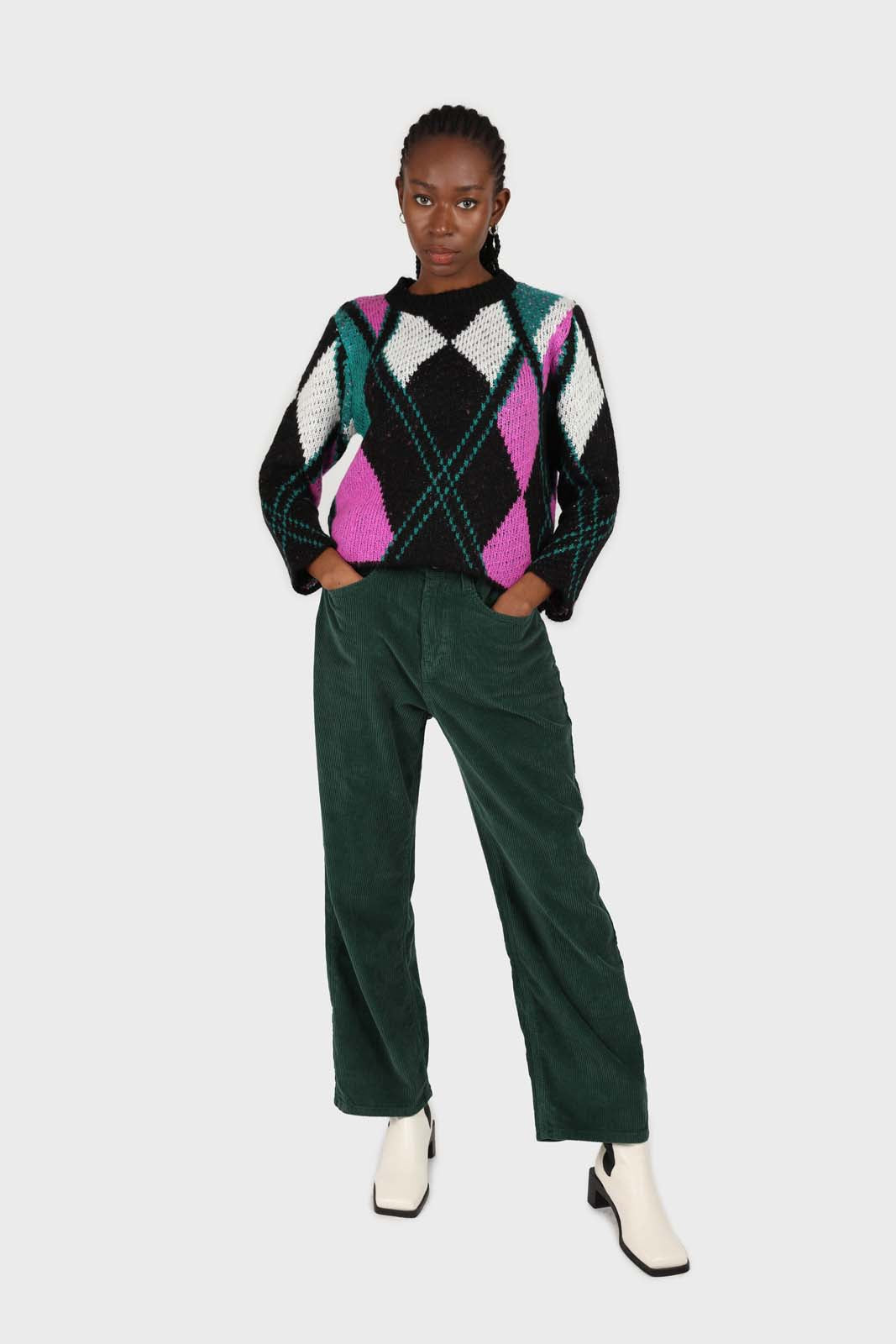 Black and purple diamond intarsia knit jumper