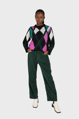 Black and purple diamond intarsia knit jumper