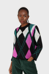 Black and purple diamond intarsia knit jumper