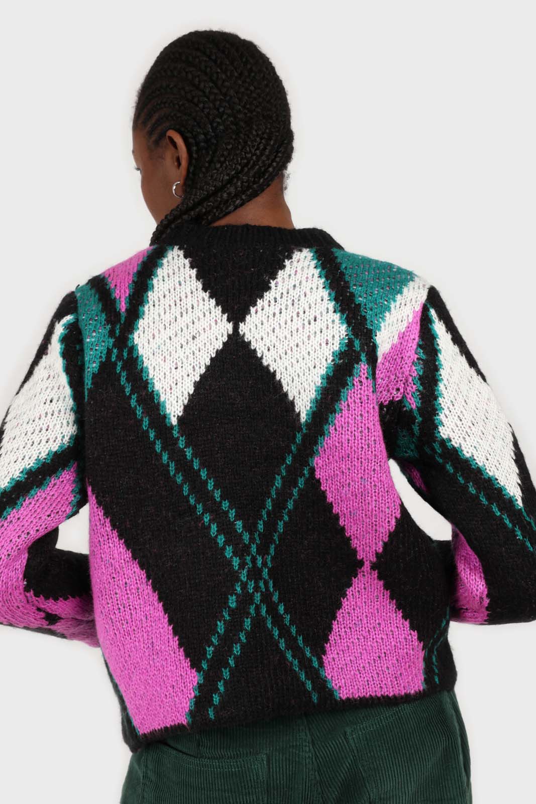 Black and purple diamond intarsia knit jumper