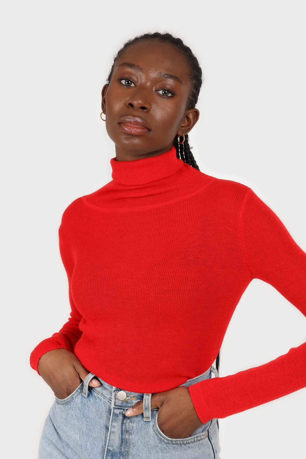 Bright red wool blend turtleneck top