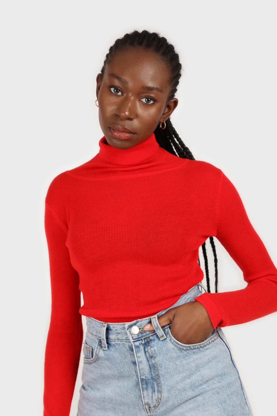 Bright red wool blend turtleneck top