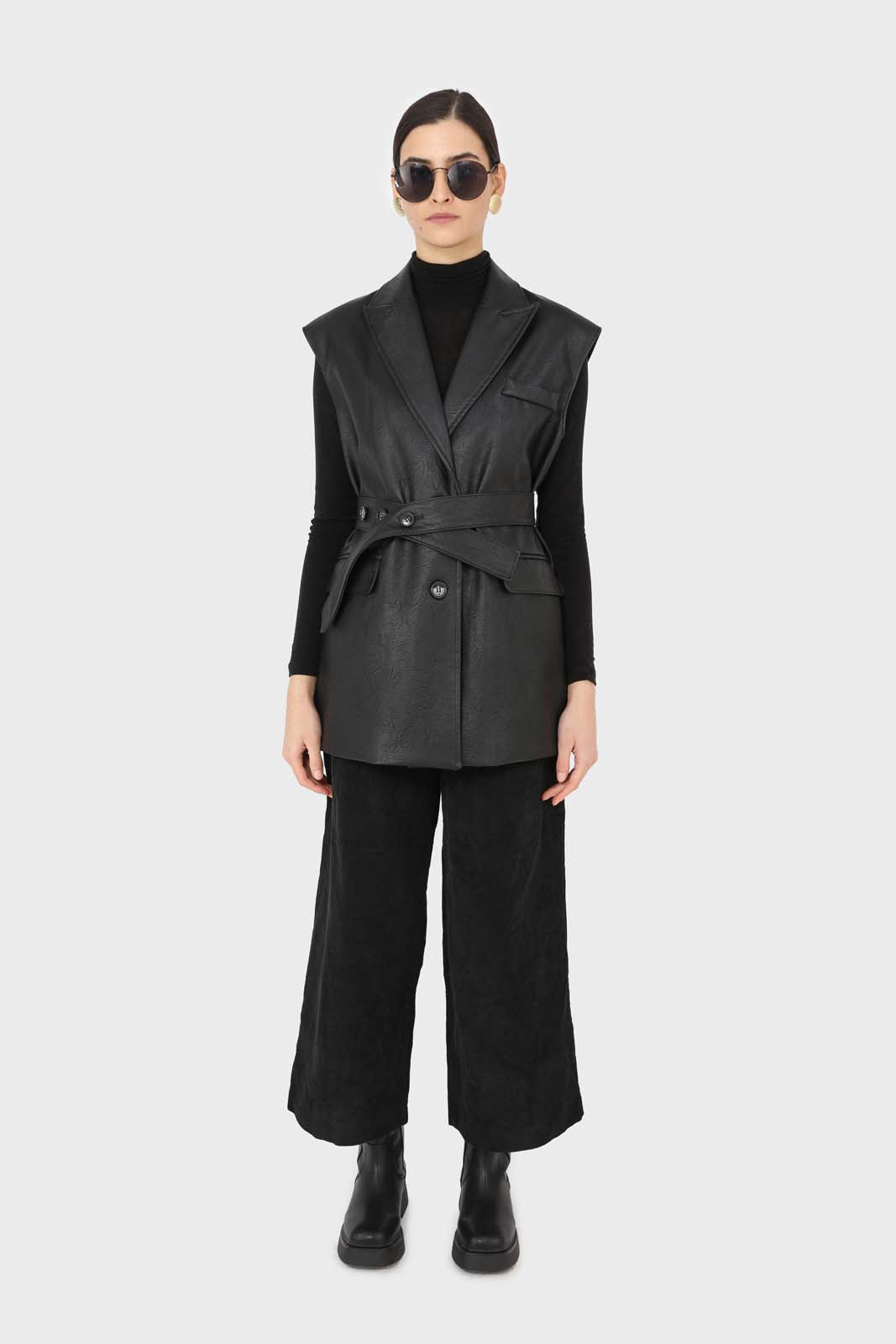 Black vegan leather belted gilet